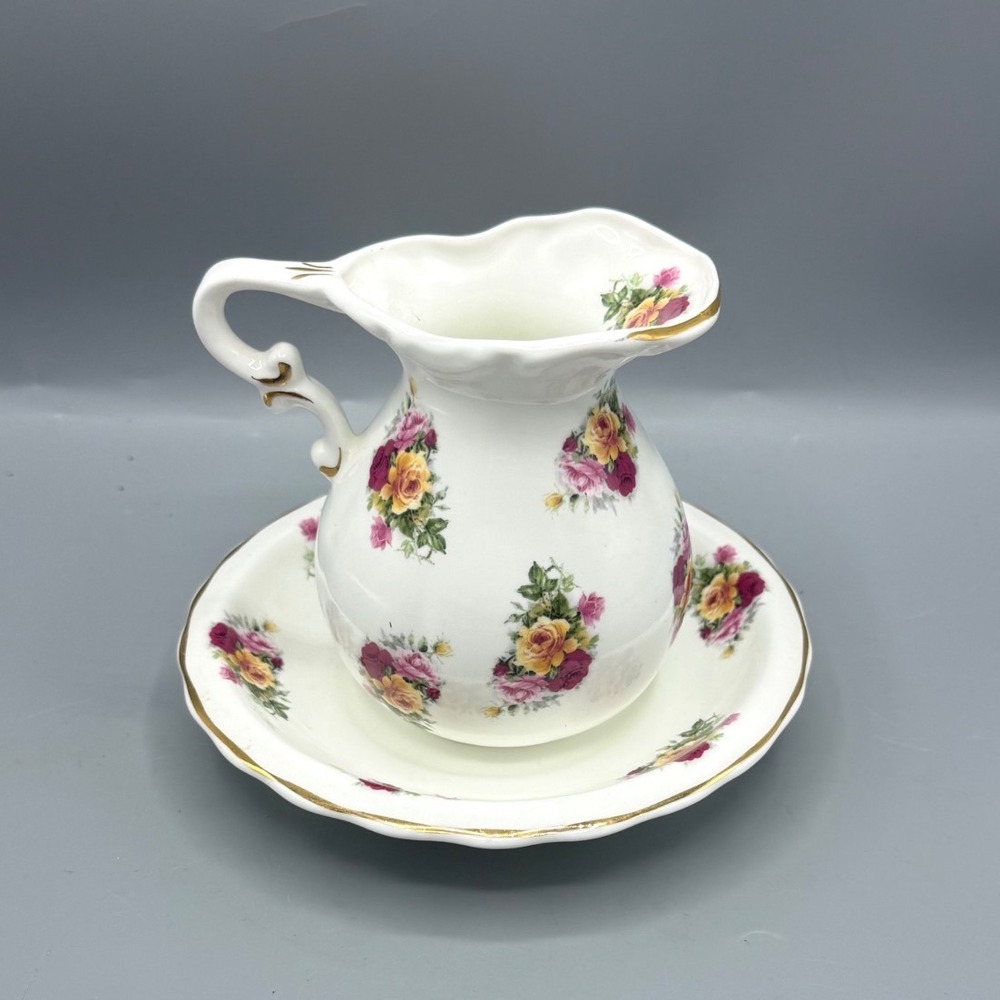 Raesuedic Ceramics Fine Bone China Floral Rose Creamer Pitcher Saucer England